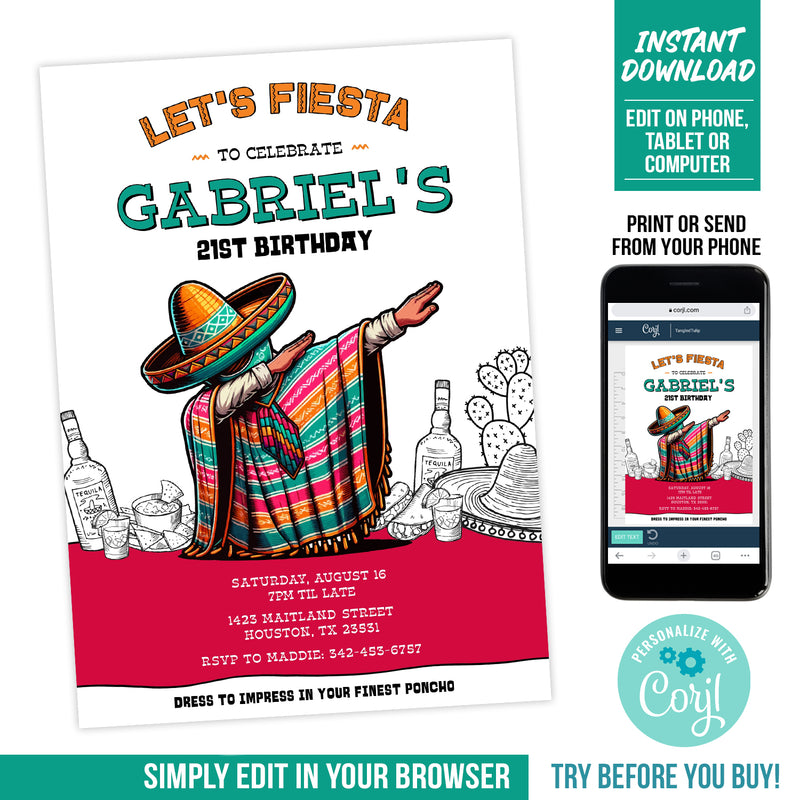 Editable Mexican Fiesta 21st Birthday Invite for Him. Dabbing Fiesta Party Digital Invite