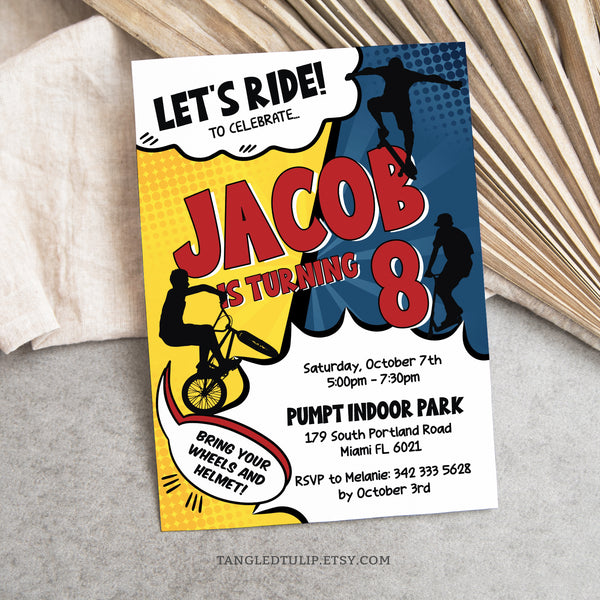 An editable Party Invitation for a Riding Birthday Party in a vibrant comic style design. Ramp up the excitement for a BMX bike, skater, scooter birthday party. Let's Ride!