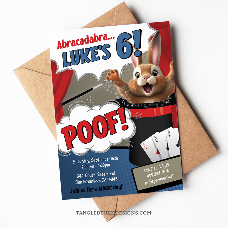 A Magic party invitation features a happy rabbit popping out a hat. Abracadabra.... Poof! And just like magic, here's the perfect birthday party invitation for boy's magic or magician party. Tangled Tulip Designs - Birthday Invitations