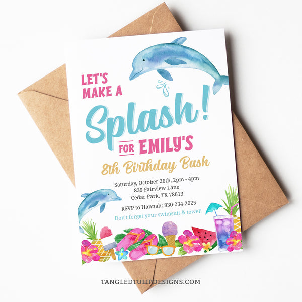 Let's Make a Splash! A dolphin theme birthday invitation for a girl pool or beach party. Featuring dolphins and all things tropical - pineapples, ice creams, sunglasses and more. Template to Edit in Corjl. By Tangled Tulip Designs.