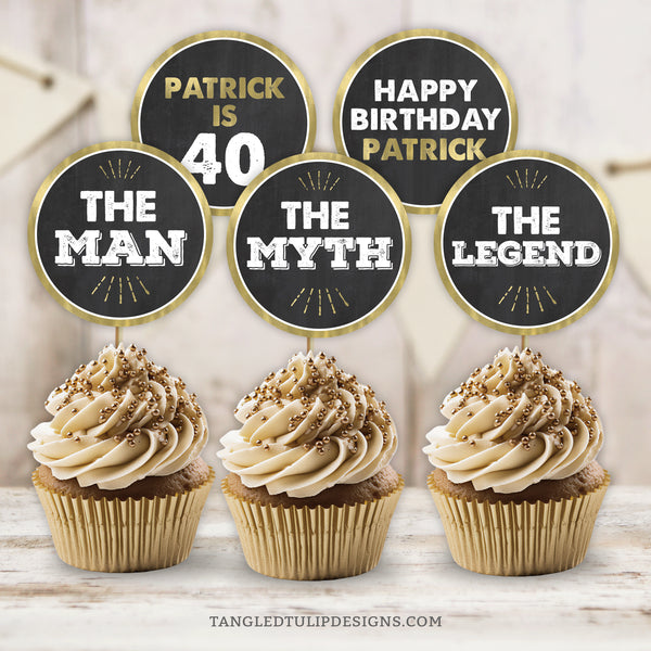 Introducing 'The Man, The Myth, The Legend' Birthday Cupcake or Slider Toppers! Customize with the name and age of the guest of honor for a personalized touch.  These elegant gold and white toppers stand out against a timeless chalkboard background, making them perfect for celebrating a milestone birthday. Instant Download and Editable in Corjl. By Tangled Tulip Designs.