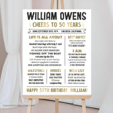 Cheers to 50 Years! Celebrate his 50th birthday with this editable decorative milestone birthday sign with gold accents. A great personalized addition to his birthday decorations or a thoughtful gift.  Edit in Corjl. By Tangled Tulip Designs.