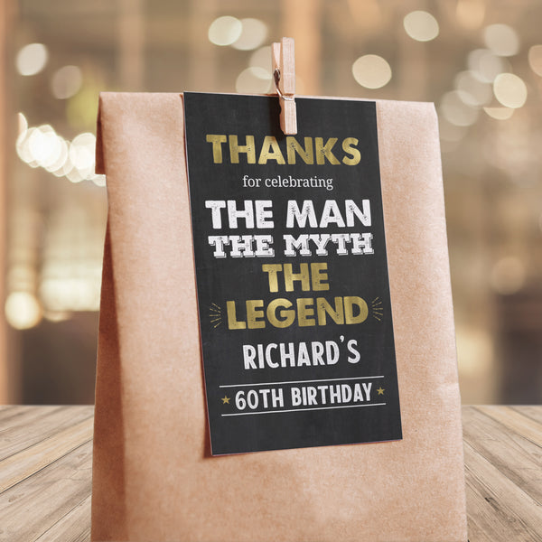The Man, The Myth, The Legend birthday tags, perfect for party favor gifts, and as part of his birthday party decorations. Gold and white on a classic chalkboard background. For a 60th Birthday or any age celebration. By Tangled Tulip Designs.