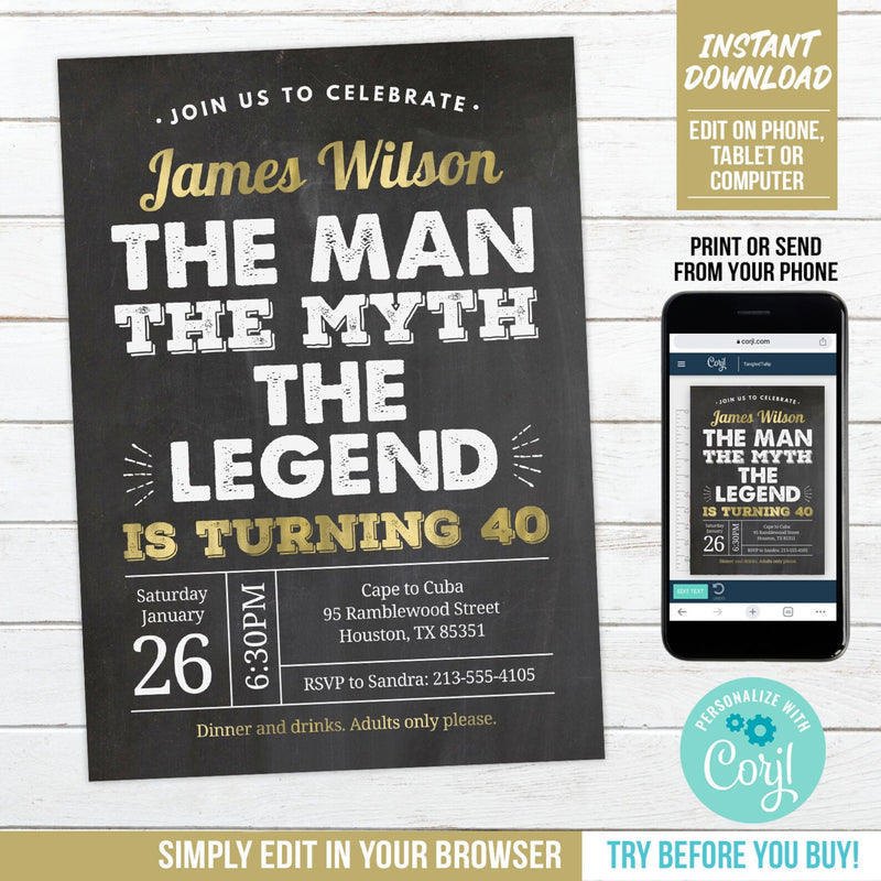 Editable The Man The Myth The Legend Birthday Invitation, Digital Party Invite for Any Age