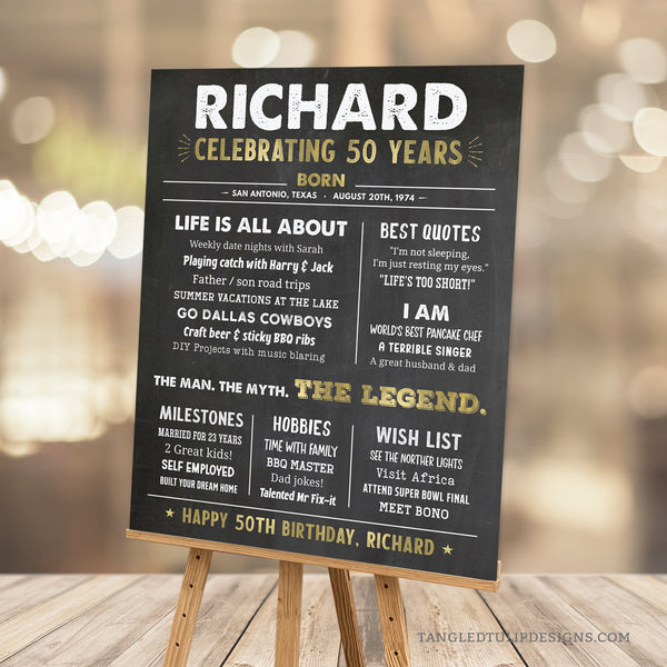 Mark the milestone of turning 50 in legendary style with our editable birthday milestone poster sign. Set against a timeless chalkboard backdrop, this design features a captivating 'Man, Myth, Legend' theme in striking gold and chalk white accents. Instant Download and Editable in Corjl. By Tangled Tulip Designs.