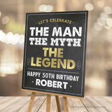 The Man The Myth The Legend birthday sign in gold and white on a classic chalkboard background. Personalize this sign as a perfect addition to his 50th birthday decorations, or for any age. Instant Download and Editable in Corjl. By Tangled Tulip Designs.