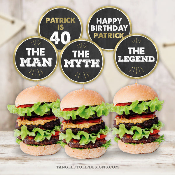 Introducing 'The Man, The Myth, The Legend' Birthday Cupcake or Slider Toppers! Customize with the name and age of the guest of honor for a personalized touch. These elegant gold and white toppers stand out against a timeless chalkboard background, making them perfect for celebrating a milestone birthday. Instant Download and Editable in Corjl. By Tangled Tulip Designs.