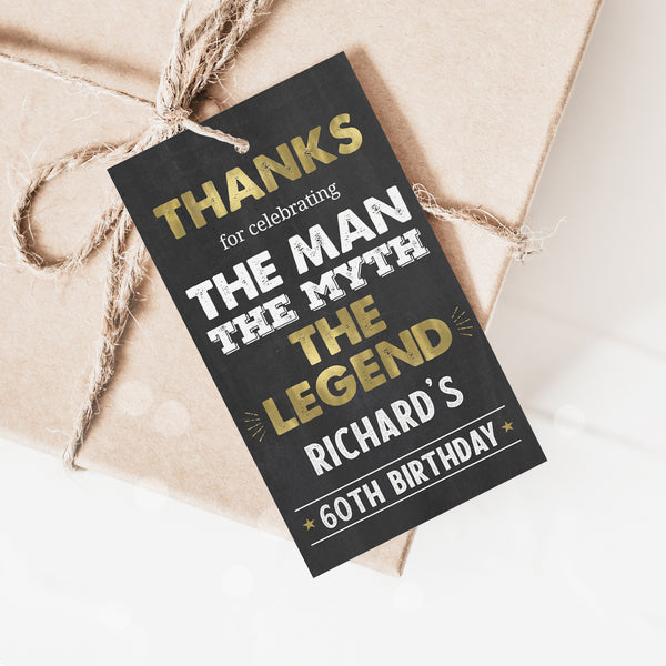 The Man, The Myth, The Legend birthday tags, perfect for party favor gifts, and as part of his birthday party decorations. Gold and white on a classic chalkboard background. For a 60th Birthday or any age celebration. By Tangled Tulip Designs.
