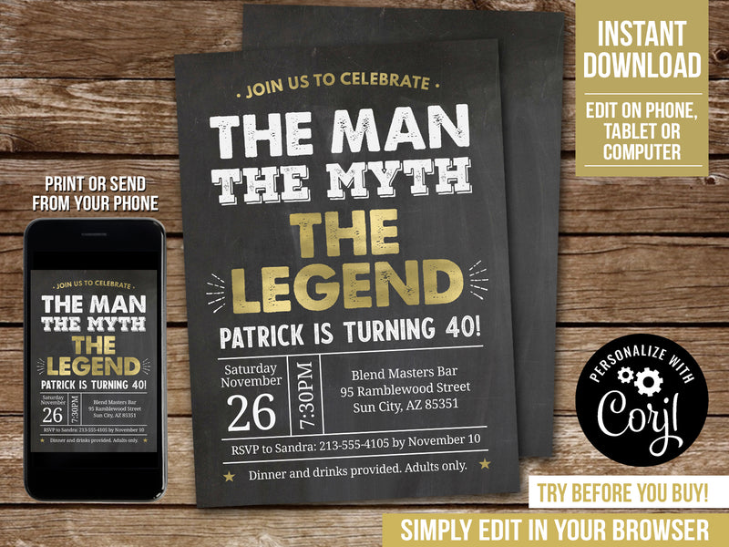 Editable 40th Birthday Invitation Template, The Man The Myth The Legend Party Digital Invite