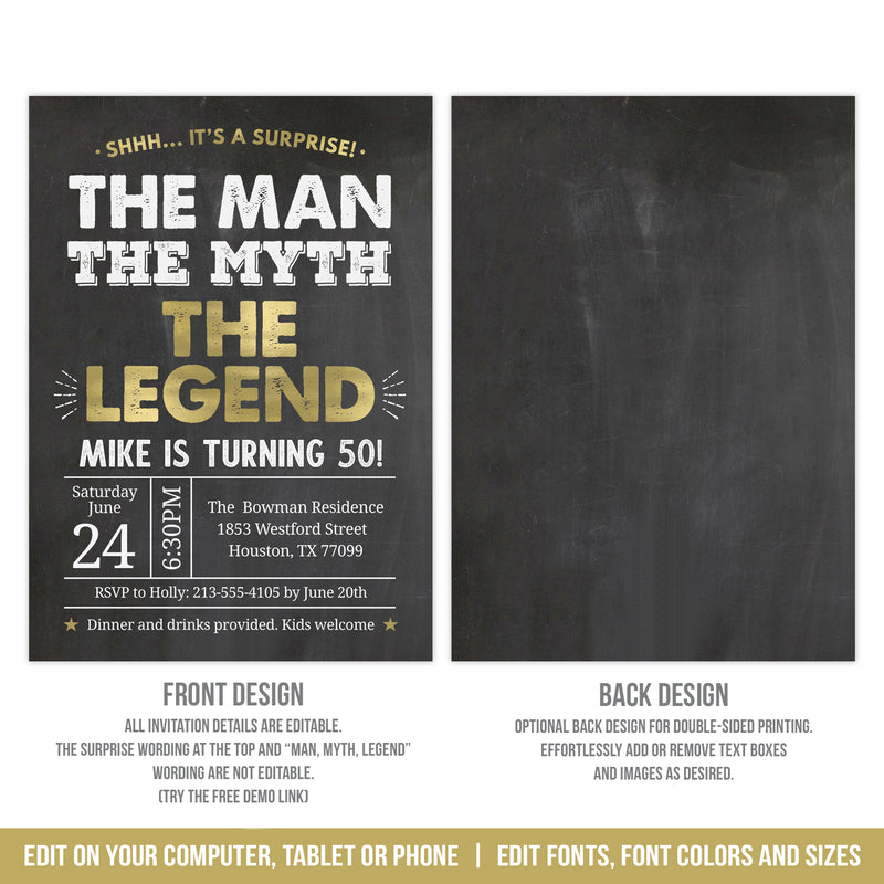 Editable Surprise 50th Birthday Invitation Template for The Man The Myth The Legend