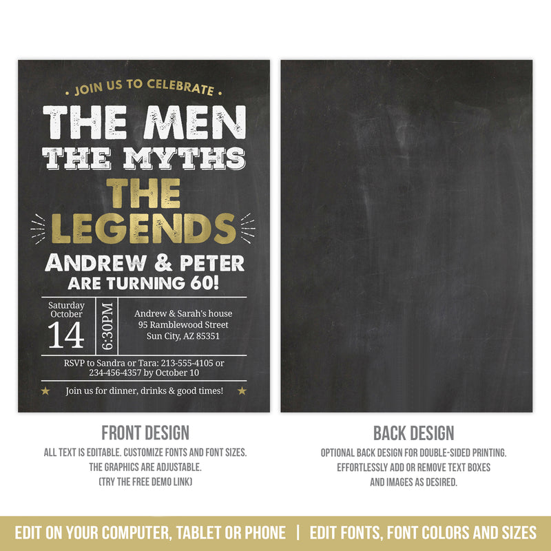 Editable Joint Birthday Party Invitation for Men. Men Myths Legends Party Digital Invite