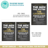 Joint Birthday Party Invite for Men. Men Myths Legends Invitation Template