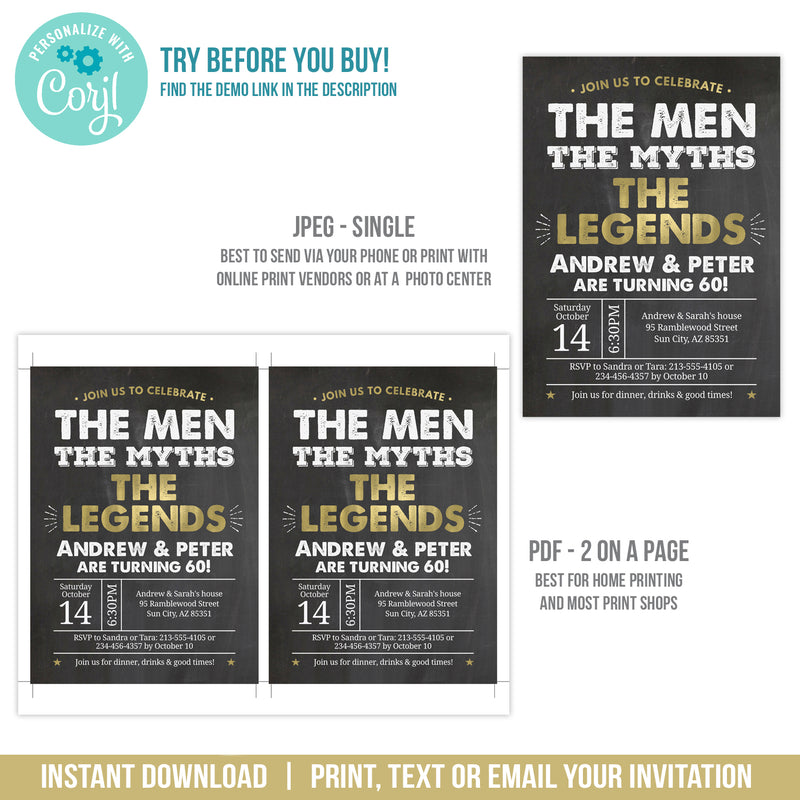 Editable Joint Birthday Party Invitation for Men. Men Myths Legends Party Digital Invite