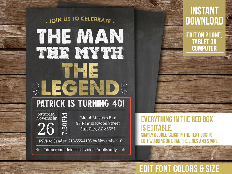 Editable 40th Birthday Invitation Template, The Man The Myth The Legend Party Digital Invite