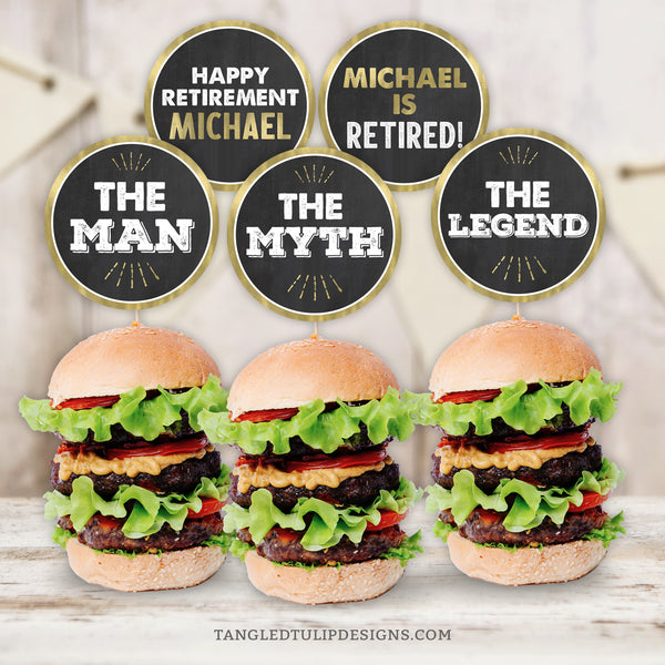 The Man, The Myth, The Legend' Retirement Cupcake or Slider Toppers! Customize with the name of the guest of honor for a personalized touch. These elegant gold and white toppers stand out against a timeless chalkboard background, making them perfect for celebrating a special retirement. Instant Download and Editable in Corjl. By Tangled Tulip Designs.