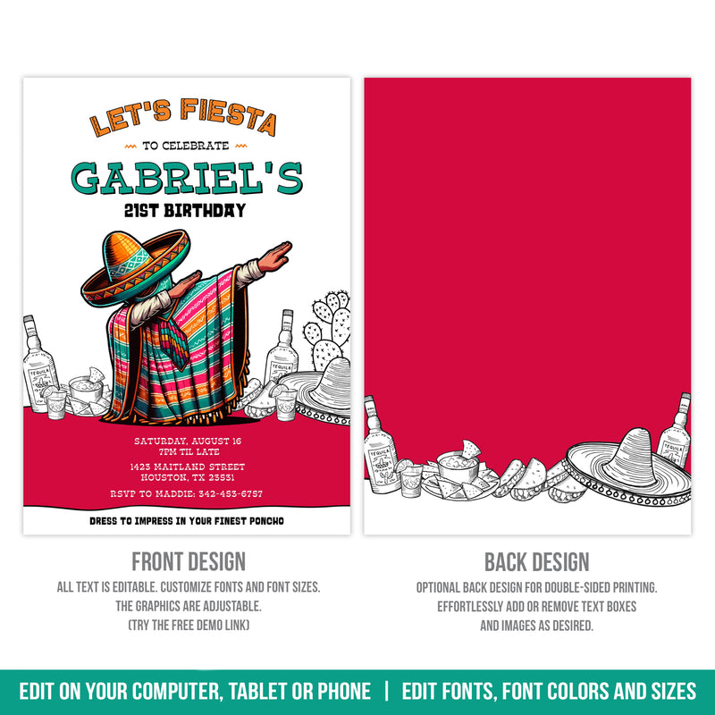 Editable Mexican Fiesta 21st Birthday Invite for Him. Dabbing Fiesta Party Digital Invite