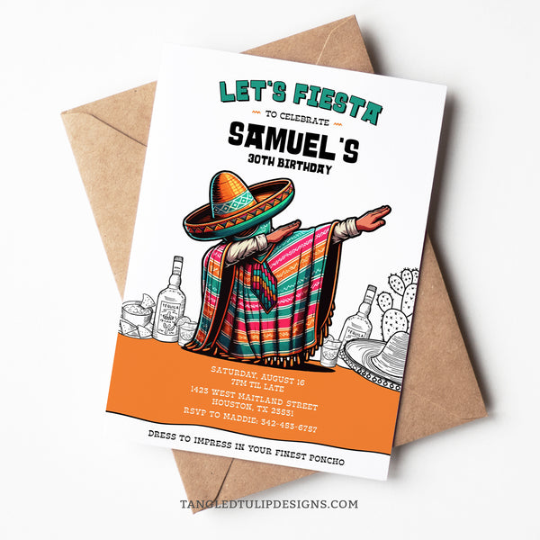 Mexican Fiesta Birthday Invitation features a man dabbing in his poncho, surrounded by iconic Mexican party items like tequila, nachos, tacos, and a festive sombrero. Customize for a 30th Birthday or ANY AGE! ¡Vamos a la Fiesta! Tangled Tulip Designs - Birthday Invitations