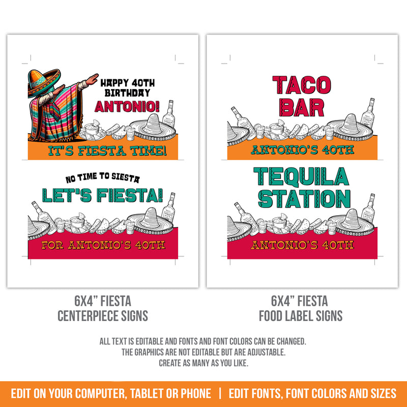 Editable Mexican Fiesta Centerpiece signs. Fiesta Food Label signs. Fiesta Party Decorations for Him. Editable Templates MEX1