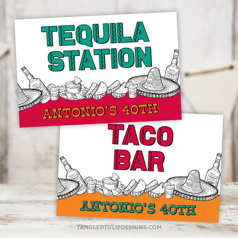 Elevate your Mexican Fiesta celebration with these vibrant centerpiece signs and matching Fiesta Food Label signs! Sombrero, tequila, tacos in a vibrant Mexican Fiesta theme. Instant Download and Editable in Corjl. By Tangled Tulip Designs.