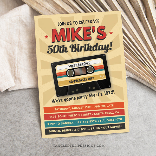Vintage Cassette Tape Birthday Invitation for a Man with a Mixtape and retro design. Instant Download and Editable in Corjl. By Tangled Tulip Designs.