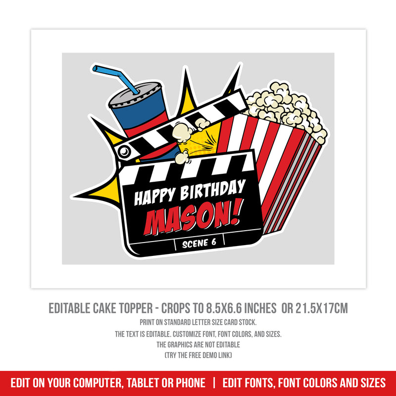 Movie Birthday Cake Topper, Personalized Cake Topper Printable for Movie Party