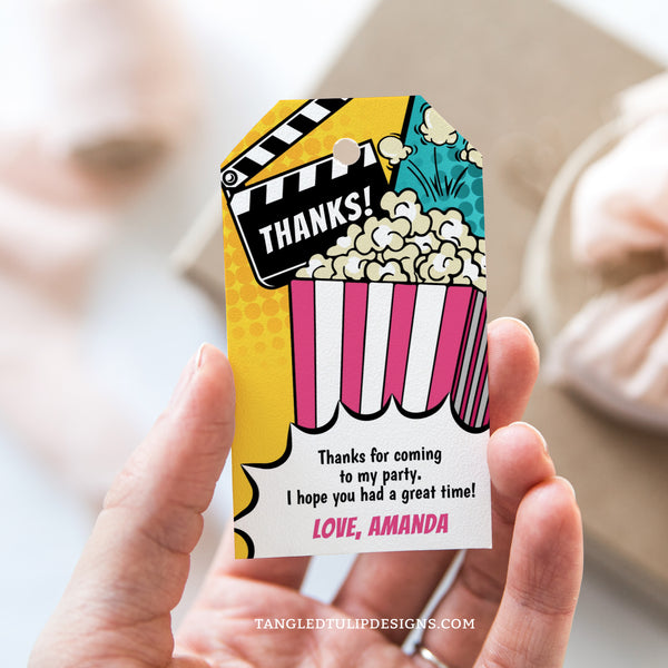 Thank your guests with these vibrant Movie Party Thank You tags for girls. Featuring a big box of popcorn and a clapper board thanking guests, these editable tags add the perfect personal touch to your movie birthday party favors.  Tangled Tulip Designs - Birthday Invitations