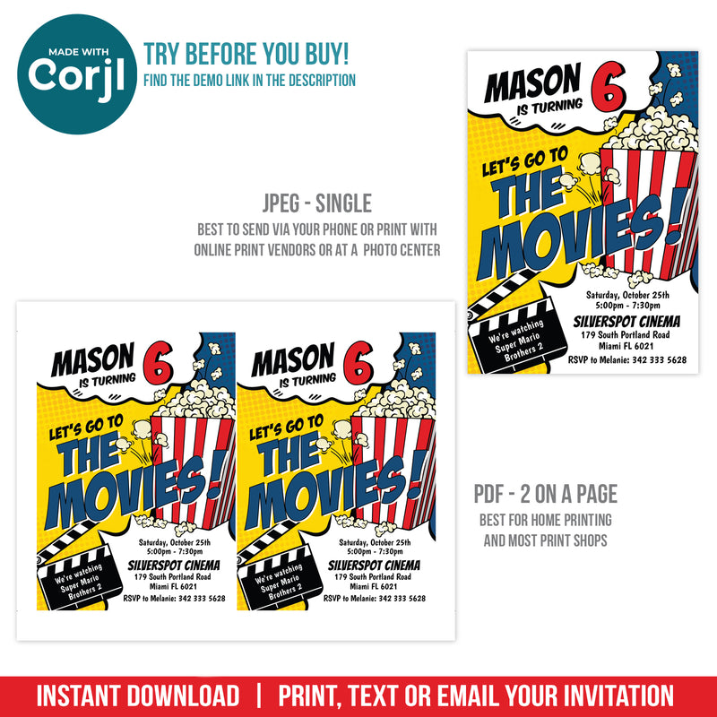 Editable Movie Birthday Invitation, Boy Movies & Popcorn Party Digital Invite