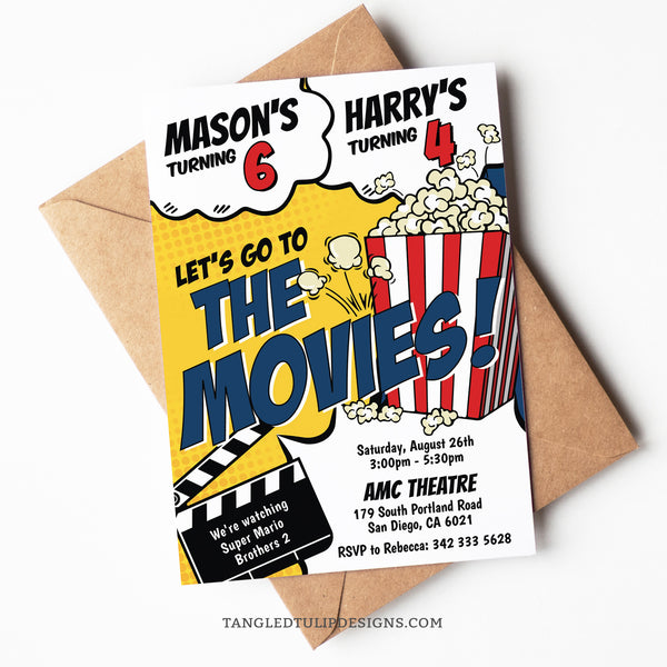 An editable movie birthday invitation for siblings. A vibrant comic style design with a big box of popcorn that's popping all over the invite! Great for a fun-filled movie birthday party for siblings or 2 kids. Invitation template to edit in Corjl. By Tangled Tulip Designs.