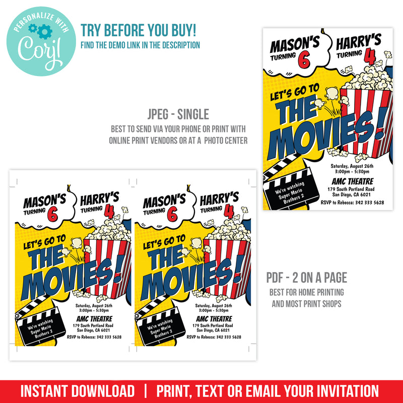 Movie Birthday Invitation for Siblings, Editable Boys Movies Party Digital Invite for Joint Birthday