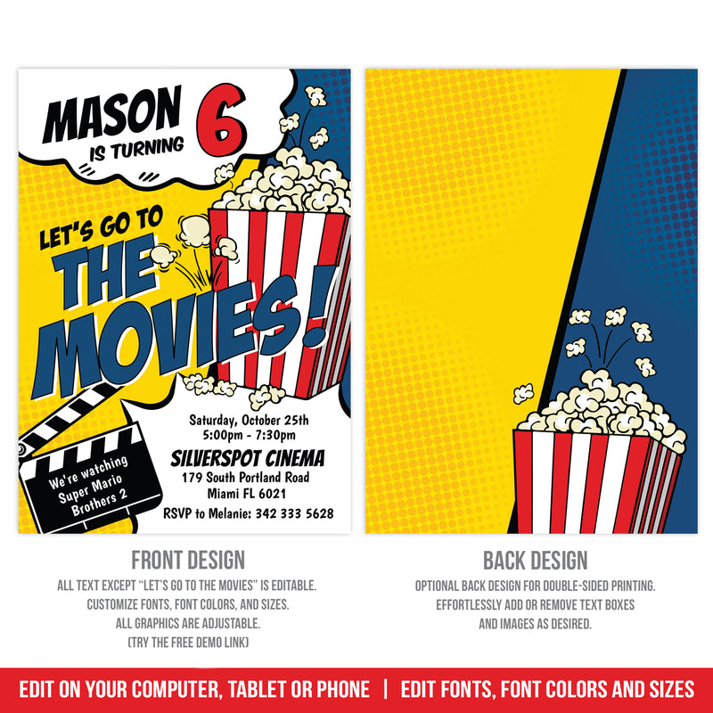 Editable Movie Birthday Invitation, Boy Movies & Popcorn Party Digital Invite