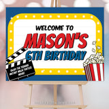 An editable Movie Party Welcome Sign in the style of a movie marquis, with popcorn and a movie clapperboard with the name of the movie. Edit all the text to personalized this sign to suit your movie event. Instant Download and Editable in Corjl. By Tangled Tulip Designs.