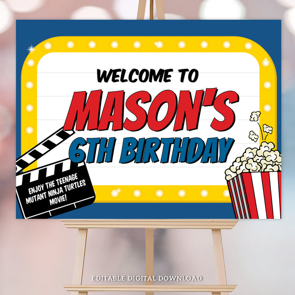 An editable Movie Party Welcome Sign in the style of a movie marquis, with popcorn and a movie clapperboard with the name of the movie. Edit all the text to personalized this sign to suit your movie event. Instant Download and Editable in Corjl. By Tangled Tulip Designs.