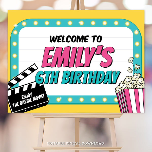 An editable Movie Party Welcome Sign for girls, in the style of a movie marquis, with popcorn and a movie clapperboard with the name of the movie. Edit all the text to personalized this sign to suit your movie event. By Tangled Tulip Designs
