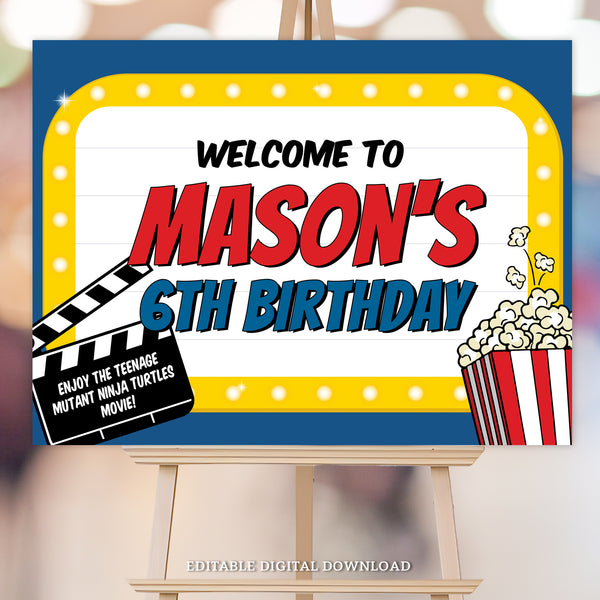 An editable Movie Party Welcome Sign in the style of a movie marquis, with popcorn and a movie clapperboard with the name of the movie. Edit all the text to personalized this sign to suit your movie event. Instant Download and Editable in Corjl. By Tangled Tulip Designs.