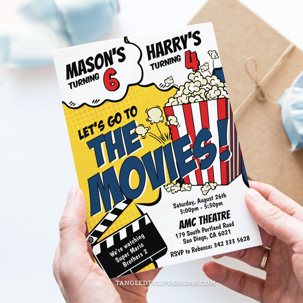 This editable movie birthday invitation is perfect for siblings. A vibrant comic style design with a big box of popcorn that's popping all over the invite! Great for a fun-filled movie birthday party for siblings or 2 kids. Invitation template to edit in Corjl. By Tangled Tulip Designs.