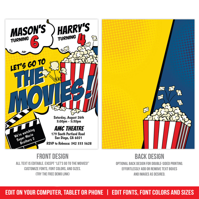 Movie Birthday Invitation for Siblings, Editable Boys Movies Party Digital Invite for Joint Birthday