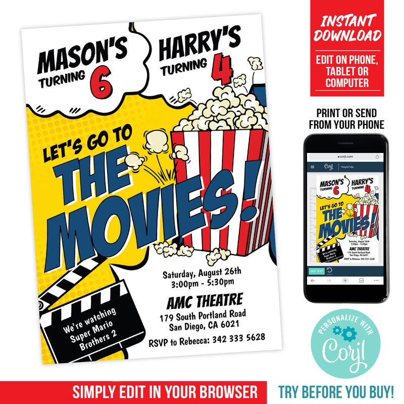 Movie Birthday Invitation for Siblings, Editable Boys Movies Party Digital Invite for Joint Birthday