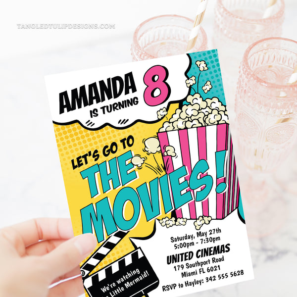 This editable movie birthday invitation features a vibrant comic style design with a big box of popcorn that's popping all over! Set the scene for a fun-filled movie party for girls. Let's Go To The Movies! Tangled Tulip Designs - Birthday Invitations