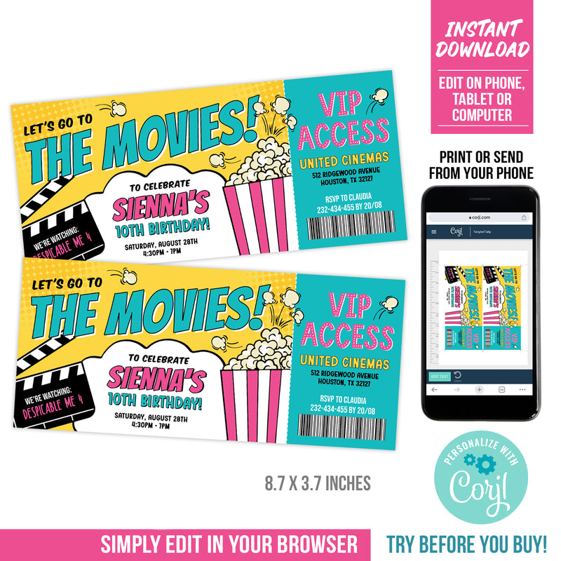 Movie Ticket Birthday Invitation for Girls. Editable Movie Ticket Digital Party Invite