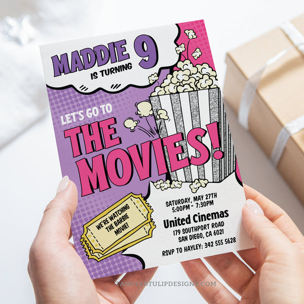 This movie-themed invitation sets the scene with a big pink box of popcorn popping with excitement! Get ready with a splash of purple, hot pink, and glitter silver, promising a fun-filled celebration! Tangled Tulip Designs - Birthday Invitations