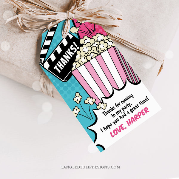 Editable movie party Thank You tag template in a comic style design, with pink and turquoise. Add a personal touch to your Movie party favors