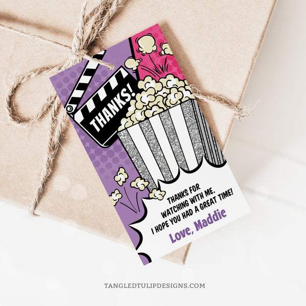 Editable movie party Thank You tags with a comic style design, in purple, hot pink, and glitter silver. Add a personal touch to your movie party favors. Invitation template to edit in Corjl. By Tangled Tulip Designs