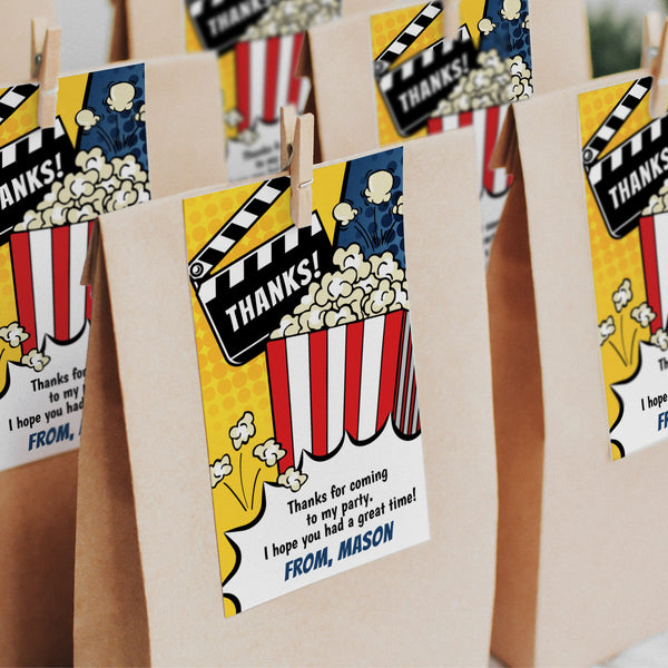 Thank your guests with our vibrant Movie Party Thank You tags. Featuring a big box of popcorn popping all over the tag and a clapper board thanking guests, these editable tags are perfect for adding a personal touch to your movie birthday party favors. Tangled Tulip Designs - Birthday Invitations