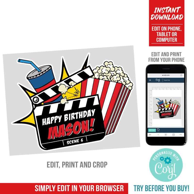 Movie Birthday Cake Topper, Personalized Cake Topper Printable for Movie Party