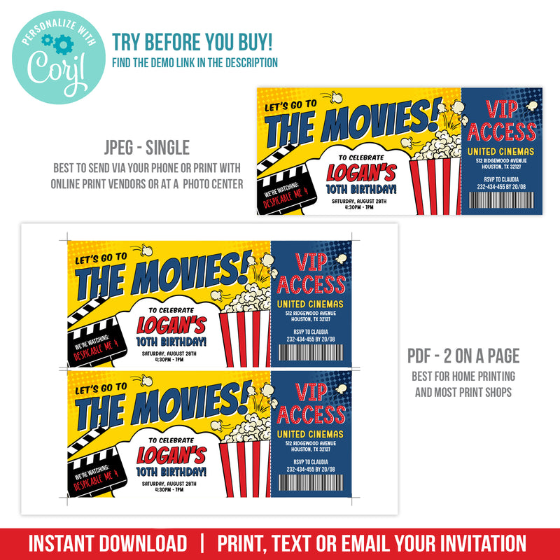 Editable Movie Ticket Birthday Invitation, Boy Movie Party Invite Ticket, Digital Ticket Template