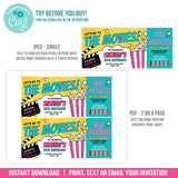 Movie Ticket Birthday Invitation for Girls. Editable Movie Ticket Digital Party Invite