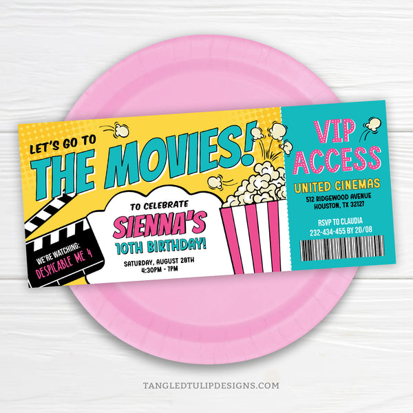 A Movie Ticket Party Invite featuring popping popcorn and a clapper board with the movie name, this design sets the stage for an unforgettable cinematic celebration. Get ready for VIP access to the ultimate movie experience—Let's Go To The Movies! Tangled Tulip Designs - Birthday Invitations