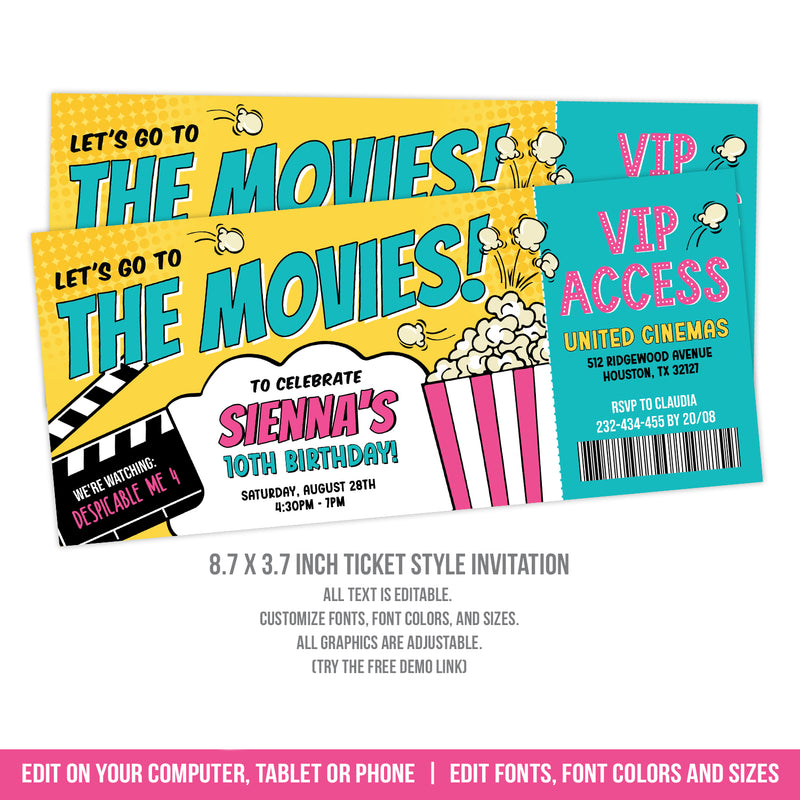 Movie Ticket Birthday Invitation for Girls. Editable Movie Ticket Digital Party Invite