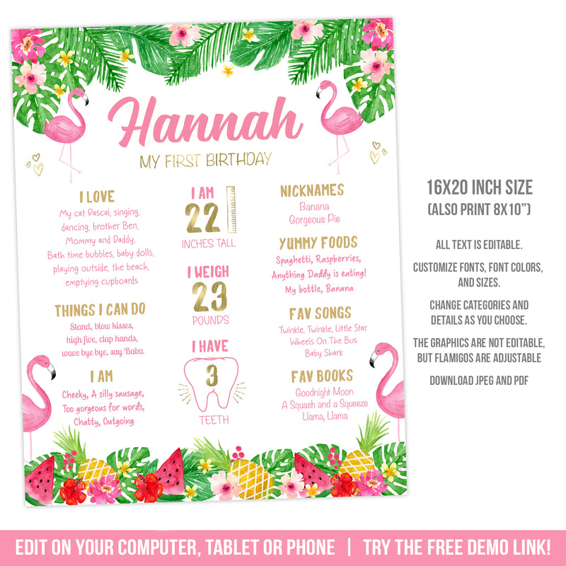 First Birthday Milestones Template Tropical Flamingo Theme