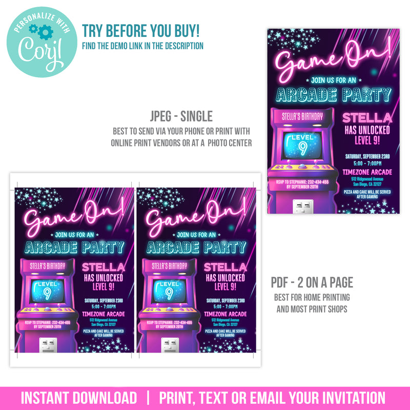 Editable Arcade Birthday Invitation, Girl Arcade Party Invite, Neon Glow